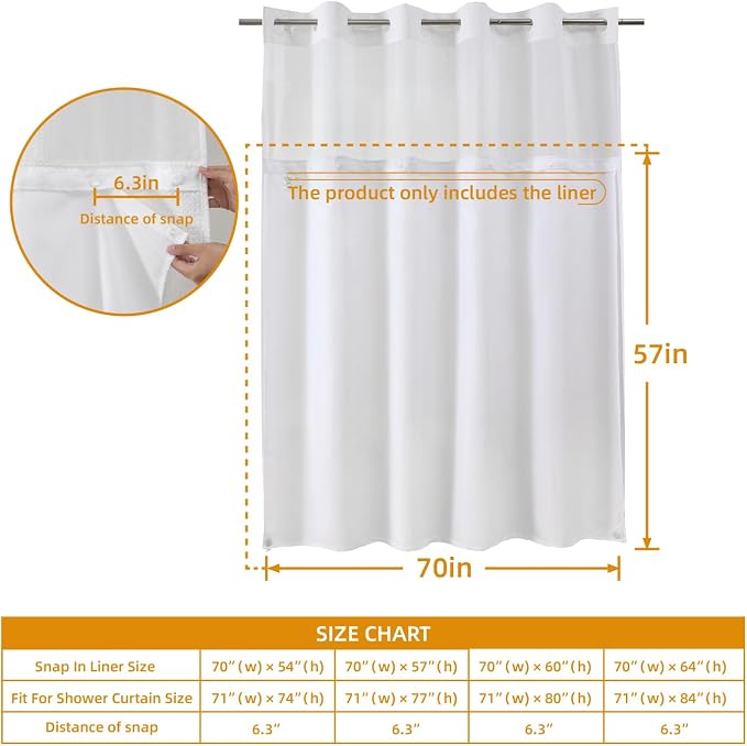 eachope 1 Pack Fabric Snap-in Shower Curtain Liner Replacement,Compatible with No Hook Shower Curtain with Snap in Liner, Removable & Water-Repellent,Machine Washable,70x57,White