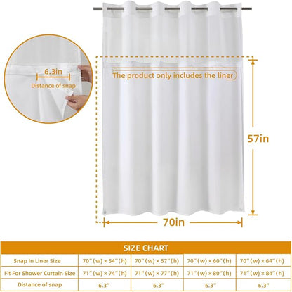 eachope 2 Pack Fabric Snap-in Shower Curtain Liner Replacement,Compatible with No Hook Shower Curtain with Snap in Liner, Removable & Water-Repellent,Machine Washable,70x57,White