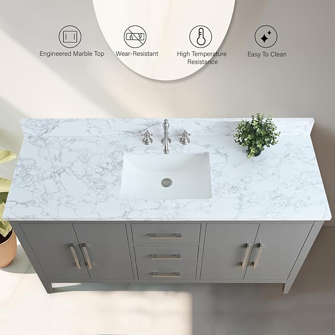 Vanity Art 60 inch Bathroom Vanity with Single Sink & Ceramic Top, Vanity Cabinet with Soft-Closing Doors, Drawers, Solid Wood Frame, Cashmere Gray, VA9060-SG-BN1