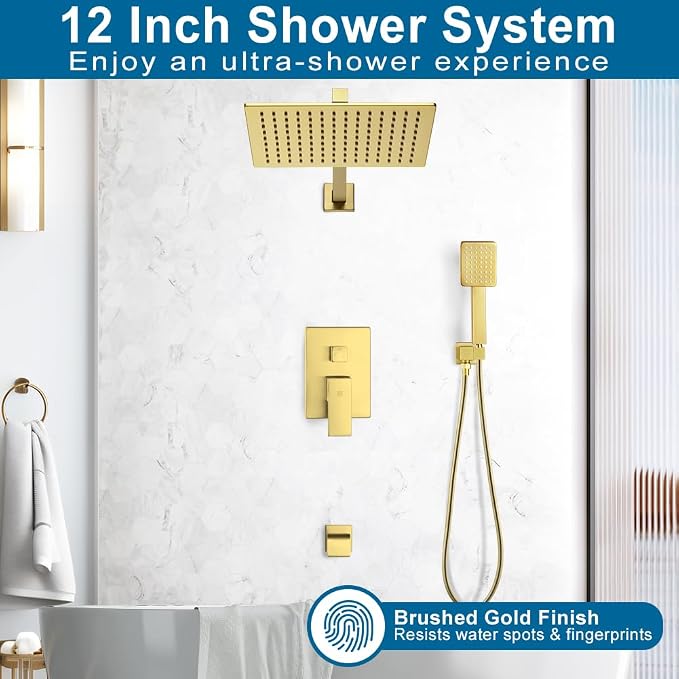 Shower Tub Faucet Set Brushed Gold Bathroom Shower System with Tub Spout Wall Mounted Rainfall 12 Inch Thickened Shower Head and Handle Set Include Shower Valve and Trim Kit