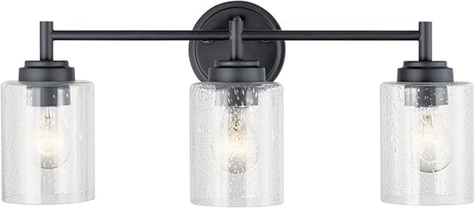 Kichler Winslow 21.5” Vanity Light in Black with Clear Seeded Glass, 3-Light Modern Bathroom Lighting Fixture, 45886BK