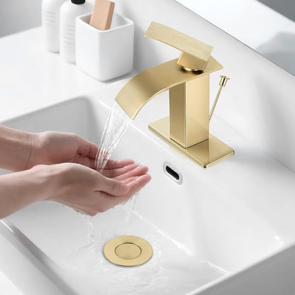 Brush Gold Bathroom Faucet with Waterfall Spout and Lift Rod Drain | SUS 304 Stainless Steel, Single Handle, 1 Or 3 Hole Sink, RV Vanity, Deck Plate, Supply Hoses, NSF372 NSF61 cUPC