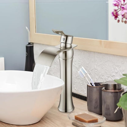 gotonovo Waterfall Vessel Sink Faucet for Sink 1 Hole,Single Handle Tall Bathroom Sink Faucet,Brass Waterfall Bathroom Faucet Arc Body Mixer Tap with Pop Up Drain and Supply Line,Brushed Nickel