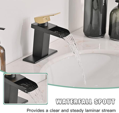 BWE Waterfall Bathroom Faucet Black and Gold Single Handle Commercial Bathroom Sink Faucet with Pop Up Drain Assembly and 6" Deck Plate Fit Sink 1 or 3 Hole rv Vanity Lavatory Mixer Tap
