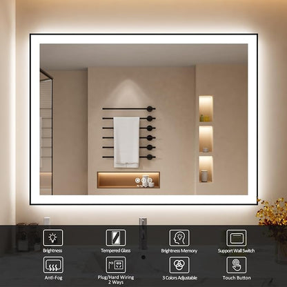 48x36 Inch LED Bathroom Mirror with Black Frame | Black Metal Frame, Front and Backlit, 3 Colors, Dimmable, Memory, Anti Fog, Tempered Glass, Lighted Mirror for Wall