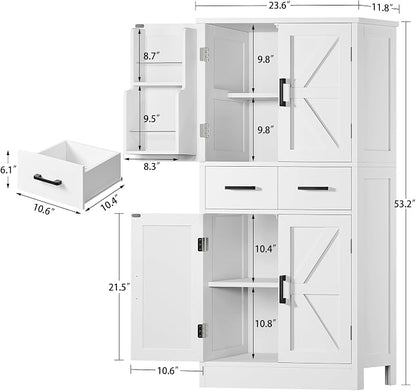 TEENFON Pantry Cabinet with 2 Drawers, Kitchen Storage Cabinet with 4 Door Shelves, Kitchen Pantry for Living Room, Dining Room, Bathroom, White