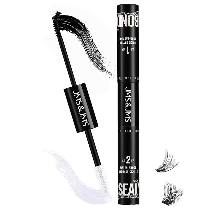 JMS&JMS Lash Bond and Seal Waterproof Lash Cluster Glue, 5ml+5ml Set | 2in1 Glue and Seal Double Hold Power! Latex-Free for Sensitive Eyes, Waterproof to All Day. Black Glue Easy to Apply