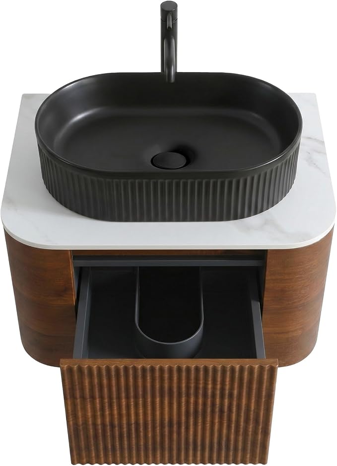 24" Preassembled Floating Bathroom Vanity with Black Sink, Walnut | Mid-Century Modern Style, Fluted & Soft-Close Drawer with U-shaped Wall, Sinterted Stone Countertop, Towel Rack Included