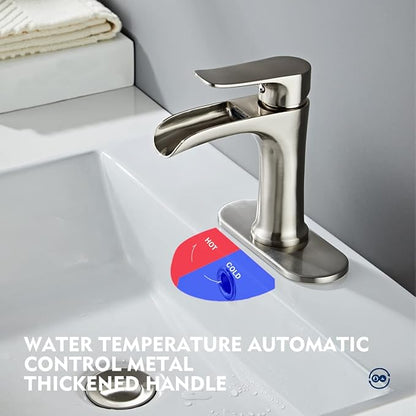 Brushed Nickel Bathroom Faucet Yundoom Waterfall Single Hole Single Handle Bathroom Sink Faucet with Pop Up Drain