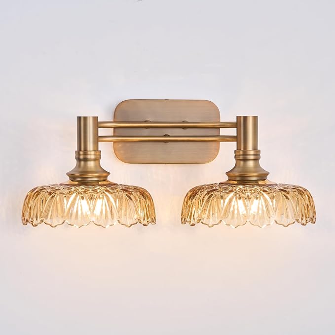 Vintage Bathroom Vanity Light Fixtures, 2-Light Brass Vanity Wall Light Over Mirror with Amber Glass Shade for Hallway Bedroom Living Room