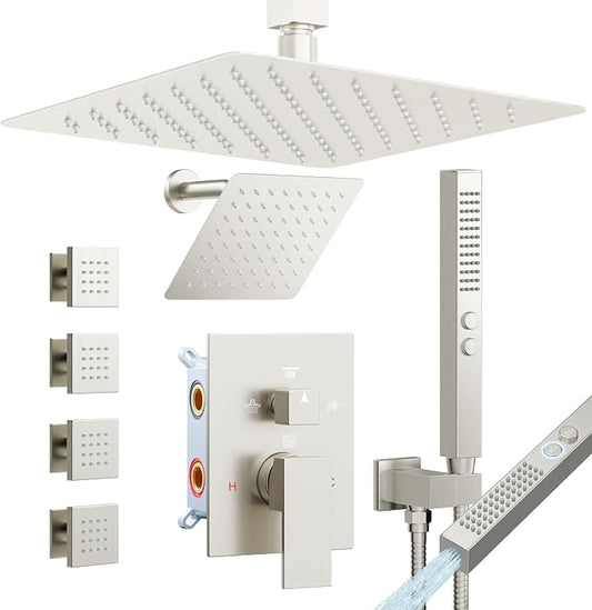 Rainfall Shower System with 4 Body Spray Jets, STARBATH 4 Way 12 + 6"Rainfall Shower Head with Handheld Combo, Shower Jets System High Pressure Shower Faucet Set, Brushed Nickel