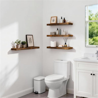 BAYKA Rustic Brown Floating Shelves 22.5in, Set of 2, Wall Mount Wood Shelf | Easy Install, 22lbs Max Load, Hidden Bracket, for Bathroom Bedroom Living Room or Kitchen, Hanging Shelf Book Decor Storage