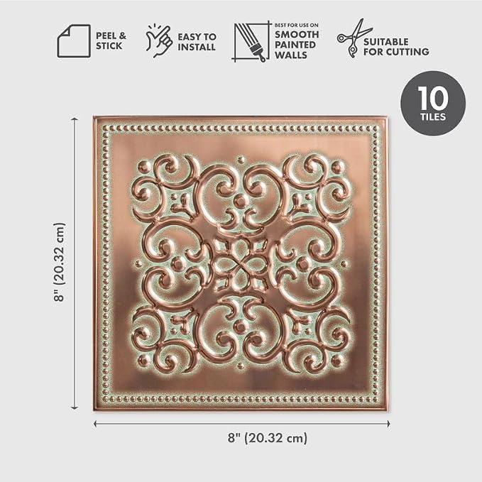 Peel and Stick Metal Backsplash Tiles, Patina Copper, 10-Pack | 8 x 8 in tile size; Covers up to 4.44 sq ft; Aluminum; Water-resistant surface; For kitchens, ceilings, DIY projects