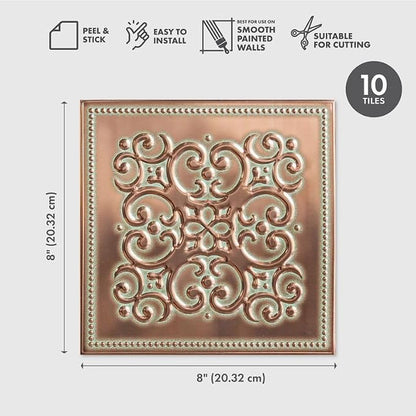 Peel and Stick Metal Backsplash Tiles, Patina Copper, 10-Pack | 8 x 8 in tile size; Covers up to 4.44 sq ft; Aluminum; Water-resistant surface; For kitchens, ceilings, DIY projects