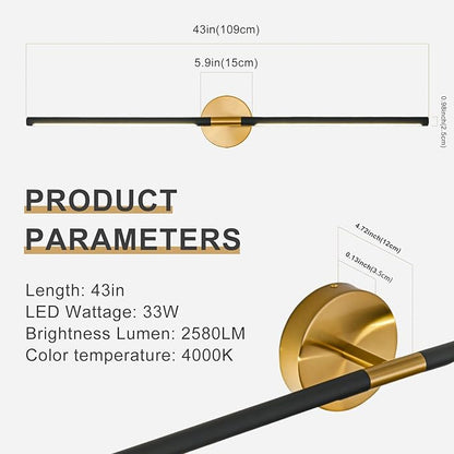 Modern Bathroom Light Fixtures Over Mirror 43 Inch, 33W 360° Rotatable Dimmable 4000K Led Vanity Light Bar, Black and Gold Bathroom Vanity Lights Above Mirror