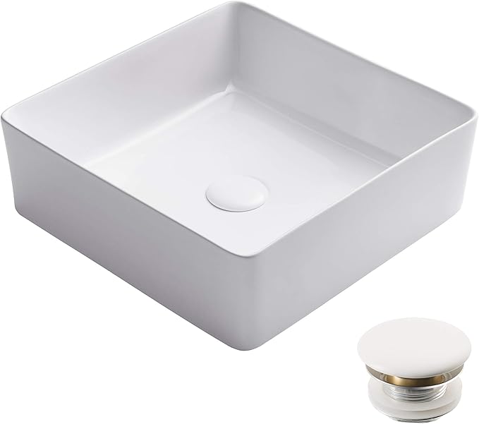 KRAUS Viva™ Square White Porcelain Ceramic Vessel Bathroom Sink with Pop-Up Drain, 15 5/8 in. L x 15 5/8 in. W x 5 1/8 in. H, KCV-202GWH