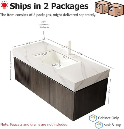 Ambrovina 48 inch Floating Bathroom Vanity with Sink, Plywood Storage Vanities with Drawer and 2 Doors, Carrara White Sintered Stone Top and Ceramic Basin, Pre-Assembled Cabinet, Espresso Woodgrain