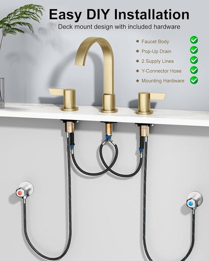 Brushed Gold 3 Hole Bathroom Faucet,8" Widespread Vanity Faucet | 2 Handle Waterfall Bathroom Sink Faucet with Pop-Up Drain,Supply Lines,360° Swivel Spout,Lead-Free Stainless Steel,Deck Mount