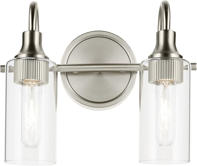 Kichler Kavi 12.5" 2-Light Vanity Light with Clear Glass in Brushed Nickel, Damp Rated, for Bathroom, Powder Room, Over a Mirror, (12.5" W x 10" H), 55210NI