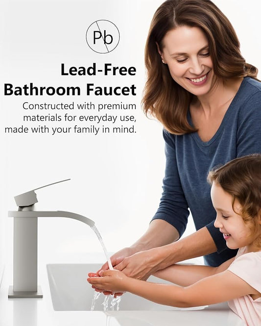 Waterfall Bathroom Faucet 1 Hole, Single Hole Bathroom Faucet, Single Handle Vanity Sink Faucet with Deck Plate, Pop-up Drain & Supply Lines, Brushed Nickel