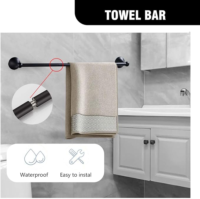 Classic Bathroom Hardware 4-piece Set, Matt Black | Wall Mounted,Stainless Steel and Zinc material,Including Towel Bar,Towel Ring,Toilet Paper Holder,Robe Hook
