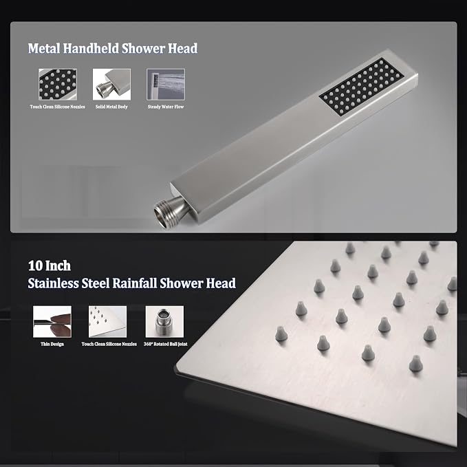 All Metal Rain Shower Head with Handheld Combo, YDmeet 10" Rainfall Shower Head, Stainless Steel Hand Wand, 3 Setting Diverter, Adjustable Extension Arm w/Lock Joints, Extra Long Hose, Brushed Nickel