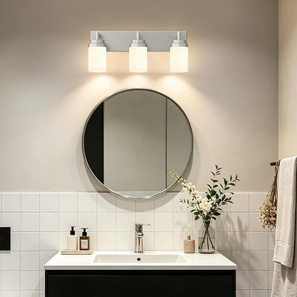 Bathroom Light Fixtures, Brushed Nickel Bathroom Lighting Fixtures Over Mirror, Modern Vanity Light with White Glass Shade, Restroom Lighting Fixtures, 3-Light 22-inch