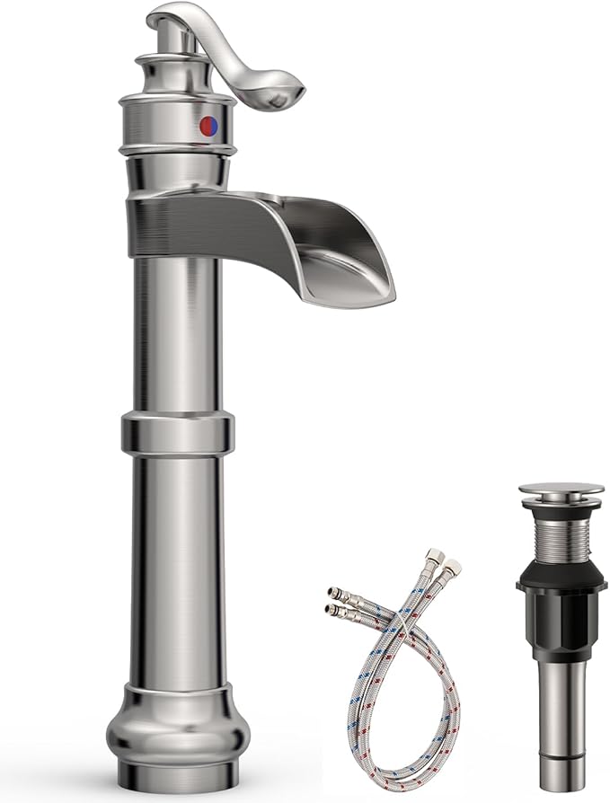 BWE Vessel Sink Faucet Waterfall Tall Brushed Nickel Bathroom Faucet | Single Handle 1 Hole Brass Countertop Lavatory Vanity Mixer Tap with Pop Up Drain and Supply Lines for RV Bar No Overflow