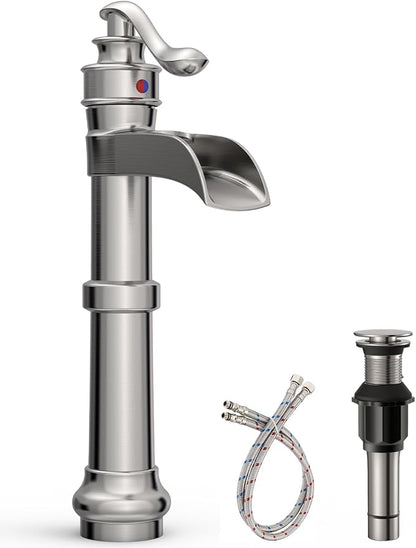 BWE Vessel Sink Faucet Waterfall Tall Brushed Nickel Bathroom Faucet | Single Handle 1 Hole Brass Countertop Lavatory Vanity Mixer Tap with Pop Up Drain and Supply Lines for RV Bar No Overflow