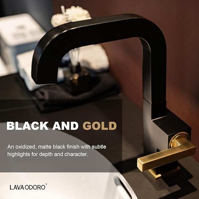 Black and Gold Bathroom Faucet, Lava Odoro Brass Single Hole Bathroom Sink Faucet 1 Handle Swivel Vanity Faucet with Drain Assembly, Solid Brass Vessel Sink Faucet Deck Plate Included, BF204-GB