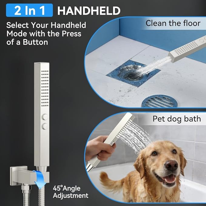 Brushed Nickel Shower Systems with 4 Body Spray Jets, STARBATH 12" Rain Showerhead with 2 Modes Handheld Spray, Can Use All at Once, Thermostatic Shower Jets System in Wall Shower Faucet Sets