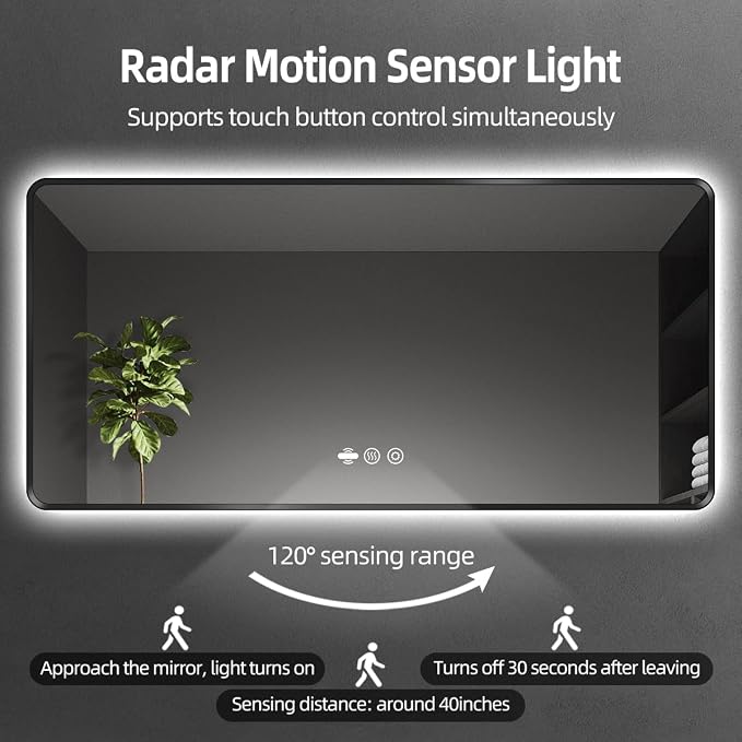 56" x 36" Black LED Bathroom Mirror with Lights - Motion Sensor | Smart Backlit Mirror Bathroom, Metal Framed, Anti-Fog, 3-Color Stepless Dimmable Lighted Mirror, Memory Function, CRI≥93