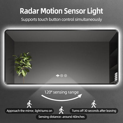 56" x 36" Black LED Bathroom Mirror with Lights - Motion Sensor | Smart Backlit Mirror Bathroom, Metal Framed, Anti-Fog, 3-Color Stepless Dimmable Lighted Mirror, Memory Function, CRI≥93