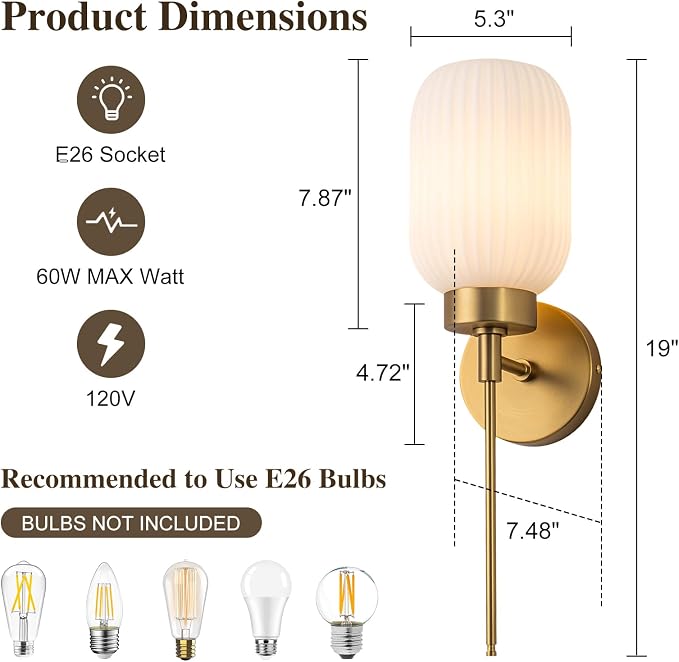 Gold Bathroom Wall Sconce, 1-Light Single Bathroom Vanity Light, Modern Brass Wall Sconce with Frosted Milk White Striped Glass Shade for Bedroom Hallway Entrance | Frosted Milk White Striped Glass Shade, Milk Glass Vanity Light for Bedroom Hallway Ent...