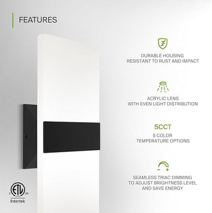 ASD 14 Inch Indoor LED Wall Sconce - 24W 2700K-5000K Dimmable Black Wall Sconce Lights for Living Room, Bedroom, Bathroom, Hallway - Modern Wall Sconces Hardwired, ETL Interior Light, Set of 2