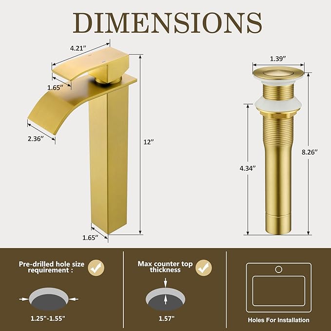 Gold Vessel Sink Facuet, Brushed Gold Tall Bathroom Sink Faucet Waterfall Bathroom Faucet for Vessel Sinks Single Handle Bathroom Vanity Faucet