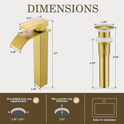 Gold Vessel Sink Facuet, Brushed Gold Tall Bathroom Sink Faucet Waterfall Bathroom Faucet for Vessel Sinks Single Handle Bathroom Vanity Faucet