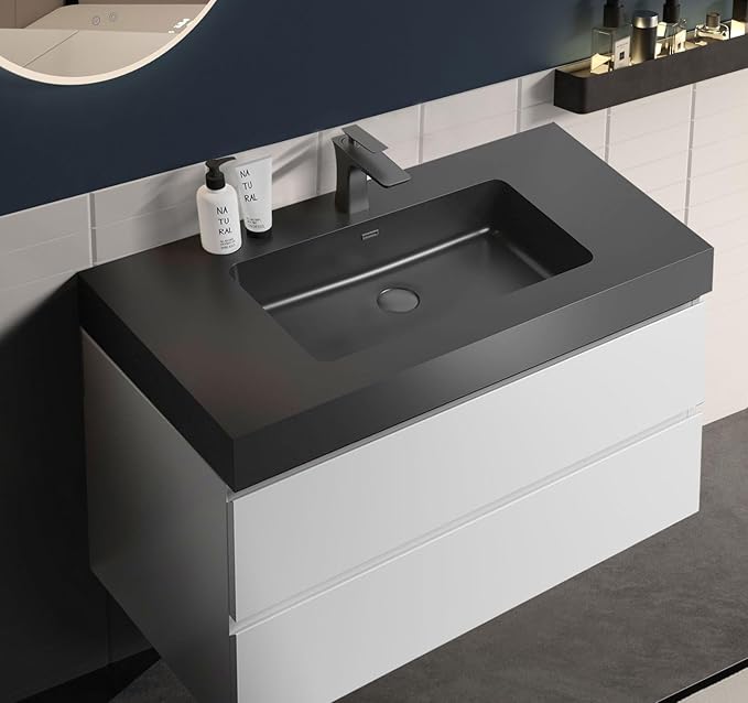 36" Floating Bathroom Vanity with Black Sink, Modern Bathroom Cabinet with Top and Soft Close Drawers, Spacious Storage for Small Space, White - Lavanda Collection