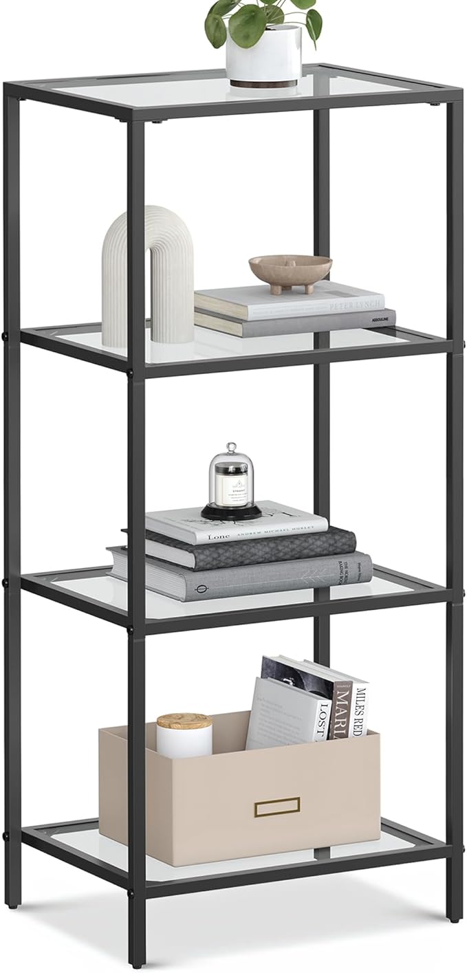 VASAGLE Bookcase, 4-Tier Bookshelf, Slim Shelving Unit for Bedroom, Bathroom, Home Office, Tempered Glass, Steel Frame, Ink Black ULGT028B61
