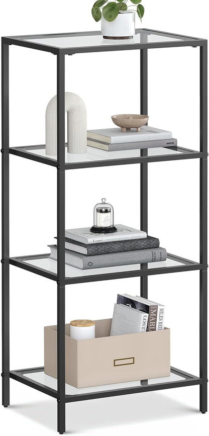 VASAGLE Bookcase, 4-Tier Bookshelf, Slim Shelving Unit for Bedroom, Bathroom, Home Office, Tempered Glass, Steel Frame, Ink Black ULGT028B61