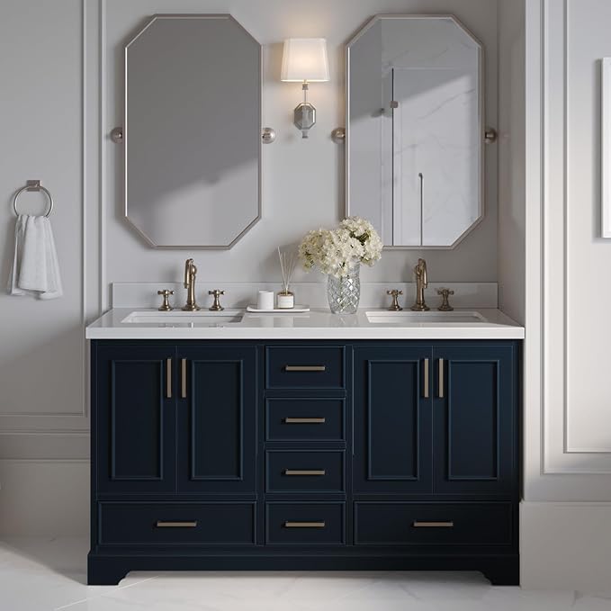 ARIEL Stafford 60-inch Bathroom Vanity Base Cabinet,Solid Wood, 4 Soft Closing Doors, 6 Dovetail Drawers, Satin Brass, Midnight Blue
