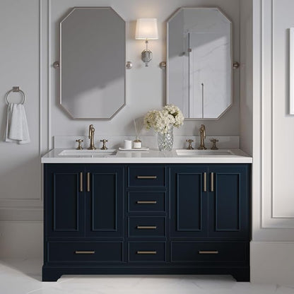 ARIEL Stafford 60-inch Bathroom Vanity Base Cabinet,Solid Wood, 4 Soft Closing Doors, 6 Dovetail Drawers, Satin Brass, Midnight Blue