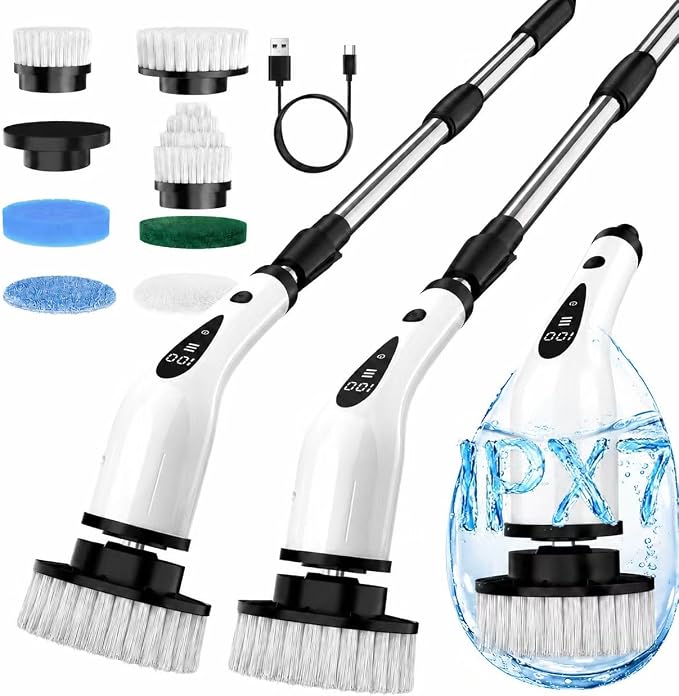 Electric Spin Scrubber, 3-Speed Flat End Brush with 8 Brush Heads & Base, IPX7 Waterproof, Adjustable Long Handle, Digital Display, 2500mAh Fast Charging, for Bathroom, Tub, Tile, Floor
