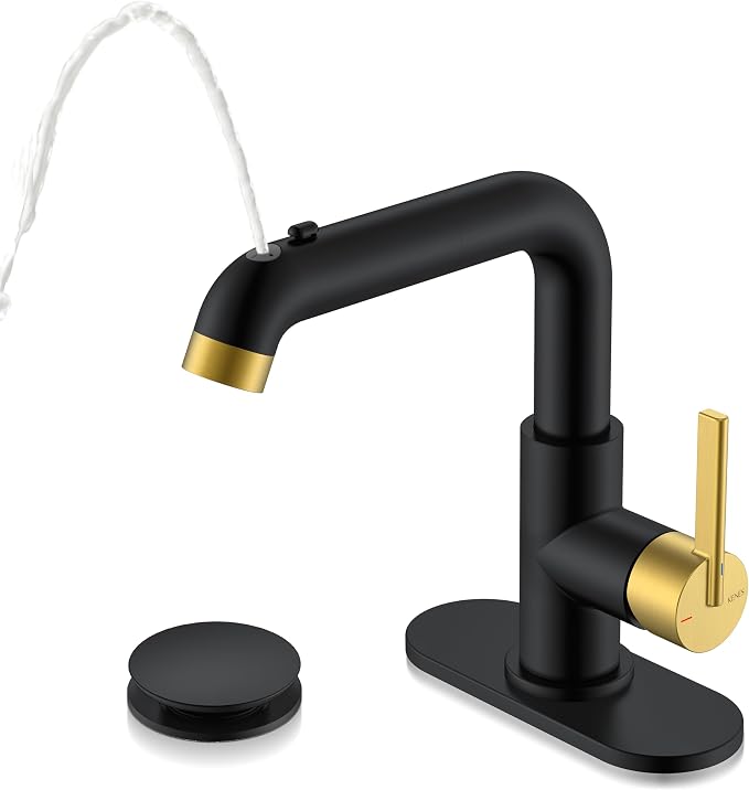 Black & Gold Pull Down Bathroom Faucet 1 Handle, 1 Hole Vanity Faucet | Pull Out Bathroom Faucet with Pop Up Drain & 6 Inch Deck Plate, Lead-Free cUPC & NSF Certified, 1 Hole Faucet for Vanity RV