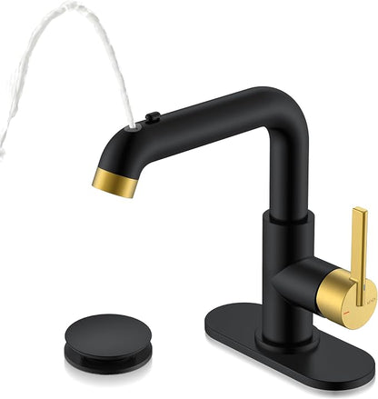 Black & Gold Pull Down Bathroom Faucet 1 Handle, 1 Hole Vanity Faucet | Pull Out Bathroom Faucet with Pop Up Drain & 6 Inch Deck Plate, Lead-Free cUPC & NSF Certified, 1 Hole Faucet for Vanity RV