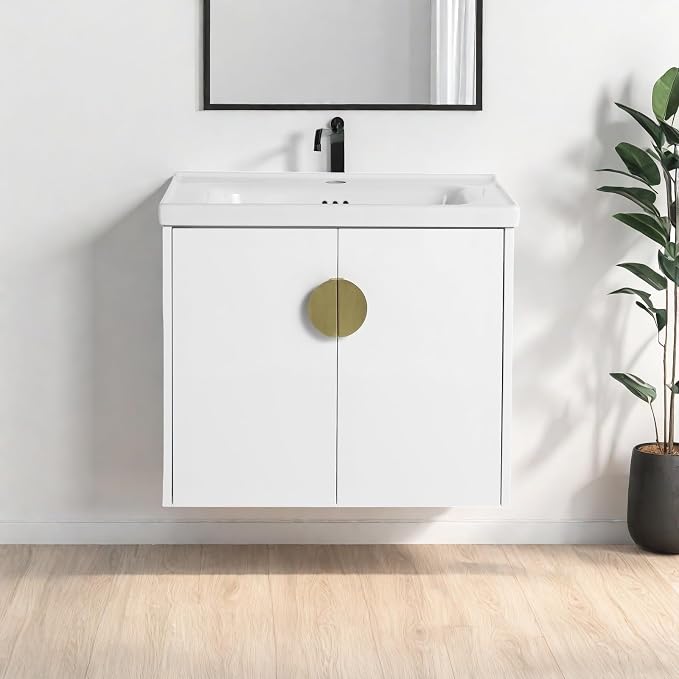 Floating Bathroom Vanity with Sink, 24" Wall-Mounted Vanity with Ceramic Basin & 2 Soft-Close Doors Cabinet, Small Bathroom Storage Cabinet with Metal Semi-Circle Handle, Gloss White