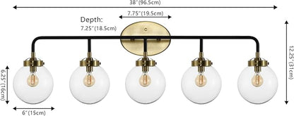 JONATHAN Y 38" Black/Brass Gold 5-Light LED Wall Sconce Vanity Lighting, Clear Glass Globe Shade Modern Contemporary Sconce for Bathroom Mirror, Hallway, UL Listed (JYL9555A)