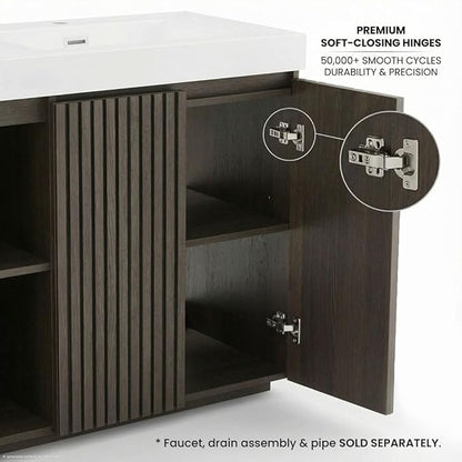 60" Double Bathroom Vanity with Sink Combo, Mid Century Modern Bathroom Cabinet with Doors & Shelves, Glossy White Integrated Sink with Overflow, Dark Grey Oak