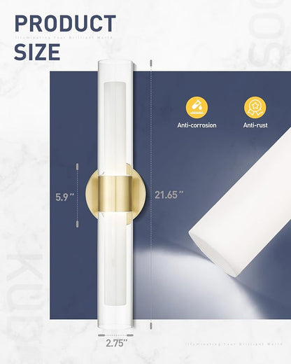 kudos Brushed Gold LED Vanity Light, Clear and Frosted Glass, KDVL06-GD-2 | 11W,1100 Lumens, 3000K, 4500K and 6000K Selectable, Hardwired, for Bathroom, Bedroom and Over Mirror