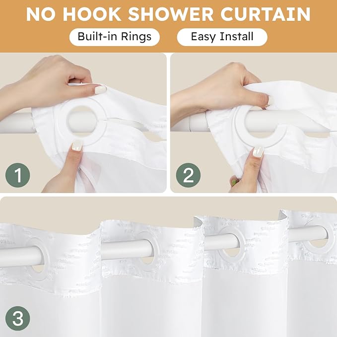FADOTY White No Hook Shower Curtain Set with Snap in Liner, 71'' x 74'' | Bathroom Hotel Fabric Curtain, Waterproof Washable Liner, See Through Top Window, Ringless Chevron Tufted Cloth Curtain